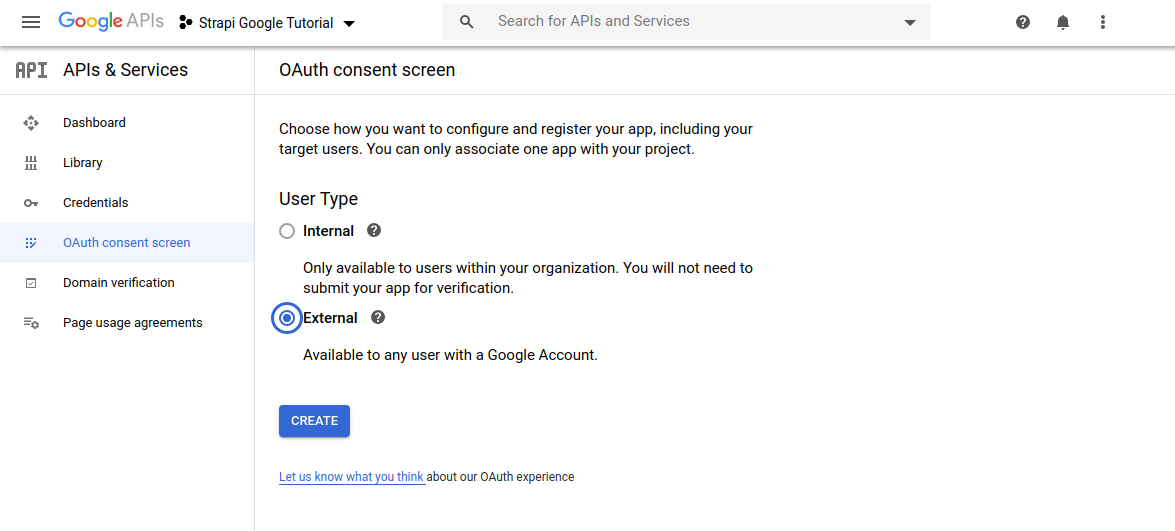 OAuth Screen configuration User Type External