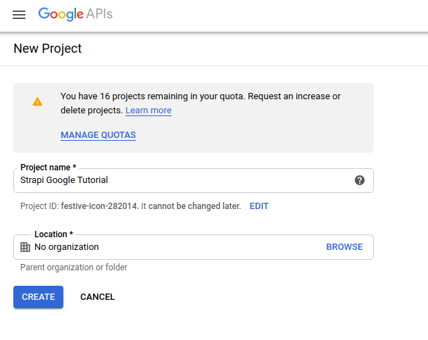 Google Developer Console Create New Project