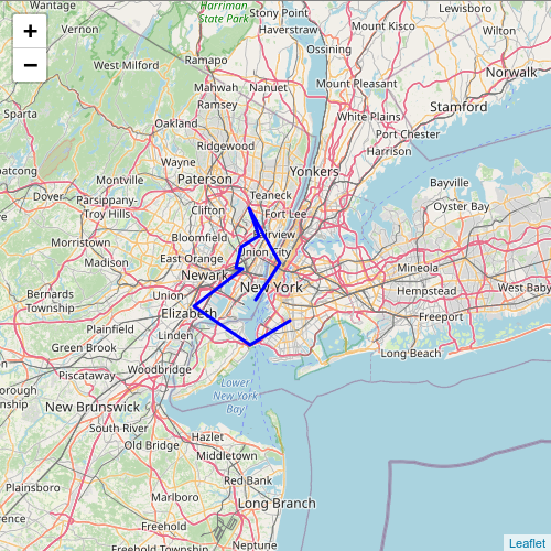 Map of New York City polyline between multiple points rendered with Leaflet