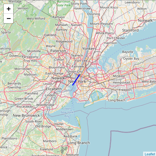 Map of New York City Line from statue of liberty to times square rendered with Leaflet