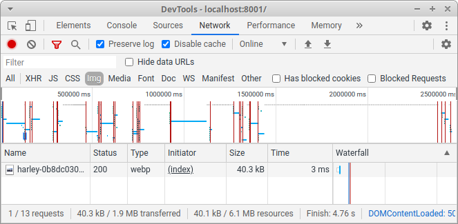 network tab showing 40 kB image transfer after using webp image