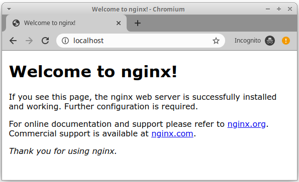 nginx displays a "Welcome to nginx!" page on success